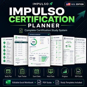 Puede incluir: El planificador de certificación Impulso U.S. Edition es un sistema de estudio que incluye un panel de progreso, hoja de ruta, plan semanal, seguimiento de temas, fechas de examen y pruebas con gráficos y texto en verde y blanco.