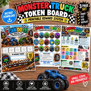 May include: A three-page printable monster truck token board reward system featuring colourful graphics of monster trucks, checkered flags, and mud tracks. The pages include a token board, a sheet of circular tokens, and a parent and teacher guide.