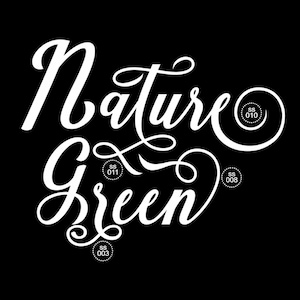 May include: White calligraphic text reading Nature Green set against a solid black background. The design features decorative flourishes and four small circular icons labeled SS 010, SS 011, SS 008, and SS 003 integrated into the lettering.