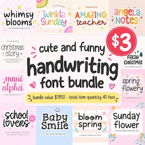 Könnte beinhalten: Eine digitale Anzeige mit einer Sammlung von vierzig handgeschriebenen Schriftarten mit dem Titel cute and funny handwriting font bundle. Die Grafik enthält verschiedene Schriftnamen wie whimsy blooms, twinkle sunday, amazing teacher und school lovers mit farbigen Akzenten.