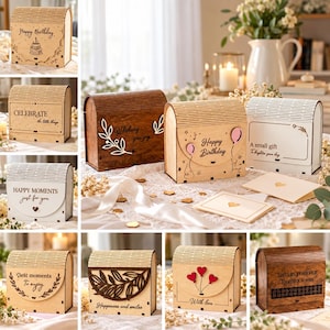 May include: A collection of wooden gift boxes featuring various laser-cut designs, including text such as Happy Birthday, Celebrate the little things, Happy Moments just for you, Wedding day, A small gift, Best moments, and Sisters Forever.
