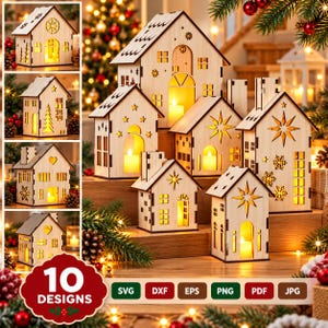 Puede incluir: Una colección de diez linternas de madera cortadas con láser en forma de casa con varios patrones recortados que incluyen estrellas, copos de nieve, corazones y árboles. Cada estructura de madera clara está iluminada desde el interior.
