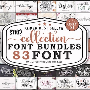 Op de afbeelding: Een digitale collectie van 83 lettertypestijlen weergegeven in een rasterindeling. Het centrale witte embleem bevat de tekst Super Best Seller Collection Font Bundles 83 Font. De lettertypes tonen diverse kalligrafische, script- en serifontwerpen.