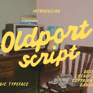 May include: A vintage wooden desk with a retro television, stacked books, and a bottle of orange liquid. A wooden chair holds a game console and controllers. The yellow text reads: INTRODUCING Oldport script NOSTALGIC TYPEFACE DESIGNED BY CREACY STUDIO.