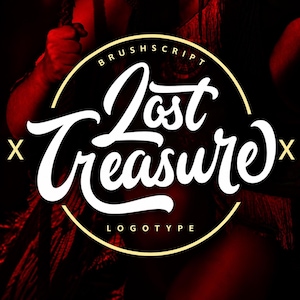 May include: A circular logo design featuring the white text "Lost Treasure" in a bold, flowing script font. The words "BRUSHSCRIPT" and "LOGOTYPE" are printed in smaller white capital letters along the top and bottom edges of the circle.