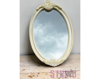 Vintage Ivory Rococo Oval Wall Mirror with Romantic Floral Scroll Frame