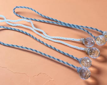 Crystal Ball Curtain Tiebacks, Faceted Clear Spheres on Twisted Silky Cord Glam Window Decor