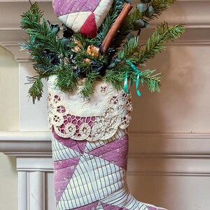 Handmade Antique Quilted Patchwork Christmas Stocking with Lace & Floral Picks