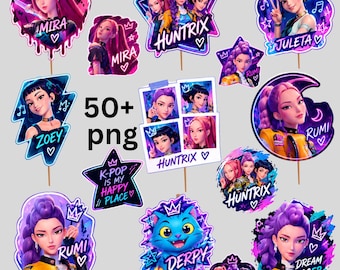 K-Pop Cupcake Toppers PNG Bundle, Huntrix, Rumi, Mira, Juleta, Zoey, Derpy (Digital Download)