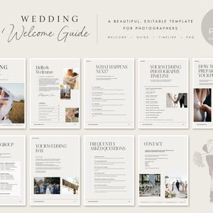 May include: A nine-page wedding welcome guide template for photographers featuring editable text and layouts. The document includes sections for a welcome message, photography timeline, photo preparation tips, family photo lists, and frequently asked questions.