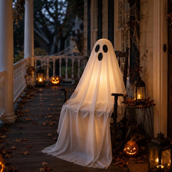 Lighted Sitting Ghost Decoration, Glowing Halloween Porch Decor (Indoor/Outdoor)