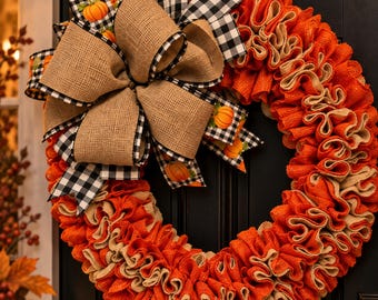 Halloween Wreath for Front Door, Orange Pumpkin Wreath, Buffalo Plaid Fall Decor