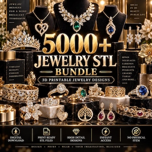 May include: A digital collection titled 5000+ Jewelry STL Bundle featuring 3D printable jewellery designs. The image displays gold-toned necklaces, rings, earrings, and a tiara with clear, green, blue, and red gemstones on black pedestals.