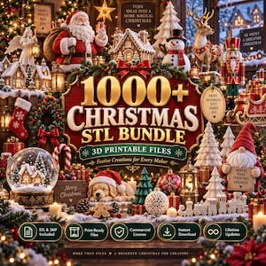 Könnte beinhalten: Eine digitale Grafik mit einem 1000+ Weihnachts-STL-Paket mit 3D-druckbaren Dateien. Das Bild zeigt eine festliche Szene mit dem Weihnachtsmann, einem Schneemann, einem Rentier, einem Nussknacker, einem Wichtel, einem Welpen und Dekorationen.
