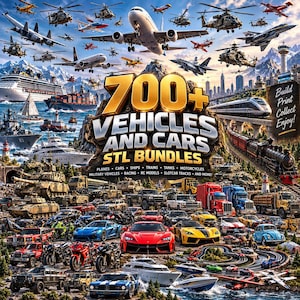 Puede incluir: Un collage digital que muestra una gran variedad de vehículos imprimibles en 3D, incluyendo aviones, helicópteros, barcos, tanques, trenes, motocicletas y coches con el texto 700+ VEHICLES AND CARS STL BUNDLES Build Print Collect Enjoy!