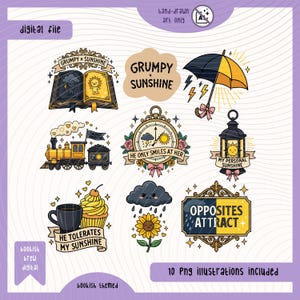 Könnte beinhalten: Eine digitale Datei mit zehn Illustrationen zum Thema Grumpy x Sunshine, darunter ein offenes Buch, ein zweifarbiger Regenschirm, eine Dampflokomotive, eine Uhr, eine Laterne, eine Kaffeetasse mit Cupcake, eine Regenwolke mit Sonnenblume und Text.