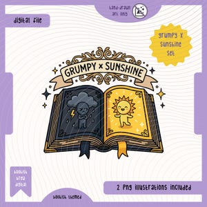 Könnte beinhalten: Eine digitale Datei-Illustration mit einem aufgeschlagenen Buch, das auf der linken Seite eine mürrische Gewitterwolke und auf der rechten Seite eine fröhliche Sonne zeigt. Der Text lautet Grumpy x Sunshine, hand-drawn art only, bookish brew digital und 2 png illustrations included.