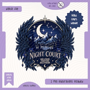 Könnte beinhalten: Eine digitale Illustration mit einem dunkelblauen kreisförmigen Emblem mit einer Mondsichel, schneebedeckten Bergen und großen Flügeln. Der Text lautet NIGHT COURT, DREAMERS FIGHTERS BELONGERS, digital file, hand-drawn art only, night court bundle.
