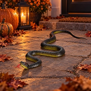 Puede incluir: Una serpiente de juguete larga y realista con un cuerpo texturizado en negro y amarillo verdoso, ojos rojos y una lengua bífida roja que sobresale. La serpiente está colocada en una curva sinuosa en forma de S sobre piedra, rodeada de hojas.