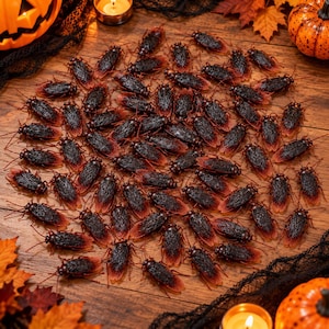 Peut inclure: Une grande collection de figurines de cafards en plastique réalistes, de couleur brun foncé et noir, avec des textures d'ailes détaillées et de longues antennes, disposées en un groupe dense sur une surface en bois avec des feuilles d'automne.
