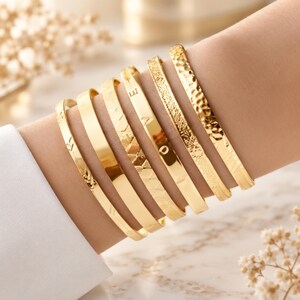 Gold Bangle Bracelet Set, Stackable Gold Bracelets for Women, Minimalist Textured Bangles, Dainty Everyday Jewelry, Gift for Her