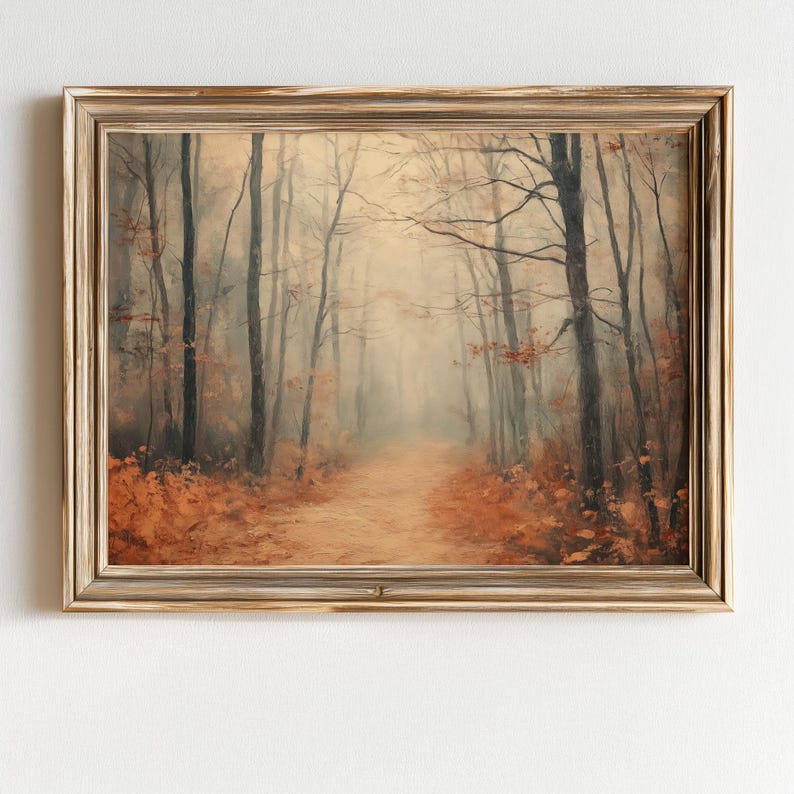 Misty Autumn Forest Path Painting, Vintage Rust Orange Wall Art ...