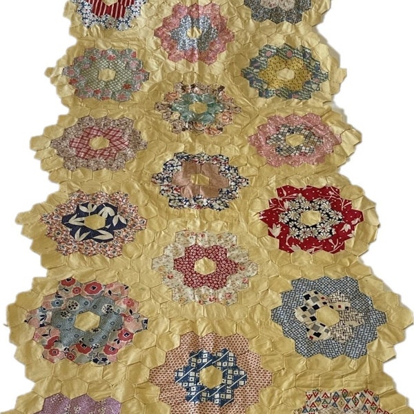 Vintage Antique Grandmothers Flower Garden Quilt Top Remnant or 31 Blocks Variety of Feed Sack Fabrics Yellow Hexagons 1930s Hand Stitched