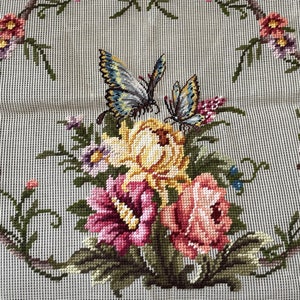 Preworked Petit Point BUTTERFLIES and FLOWERS Needlepoint Chair Set Tapestry Canvas Seat Back and Arms Floral