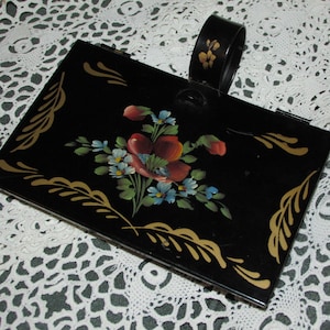 Vintage TOLE BOX Hand Painted Flowers POPPIES on Black Toleware Silent Butler Crumber Crumb Catcher
