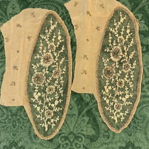 以下が含まれることがあります： クリーム色の複雑な花柄刺繍とダークブラウンの中心部が施された、楕円形のネットパネルを持つベージュのレースインサートのペア。周囲の生地は、小さな刺繍モチーフが散りばめられた、透け感のある軽量なメッシュ素材です。