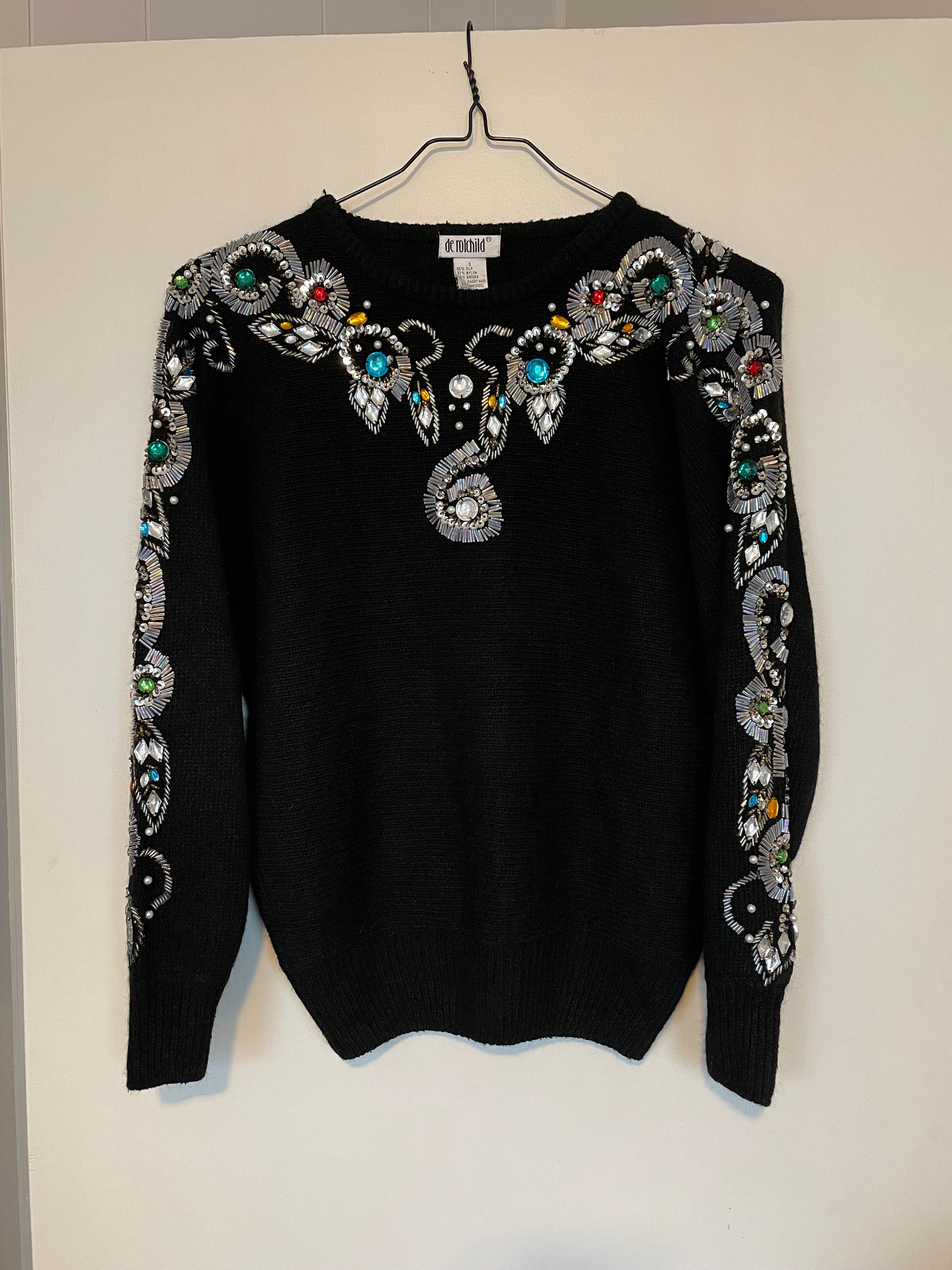 Vintage 1980s De Rotchild Beaded Sequin Black Sweater Silk With Angora ...