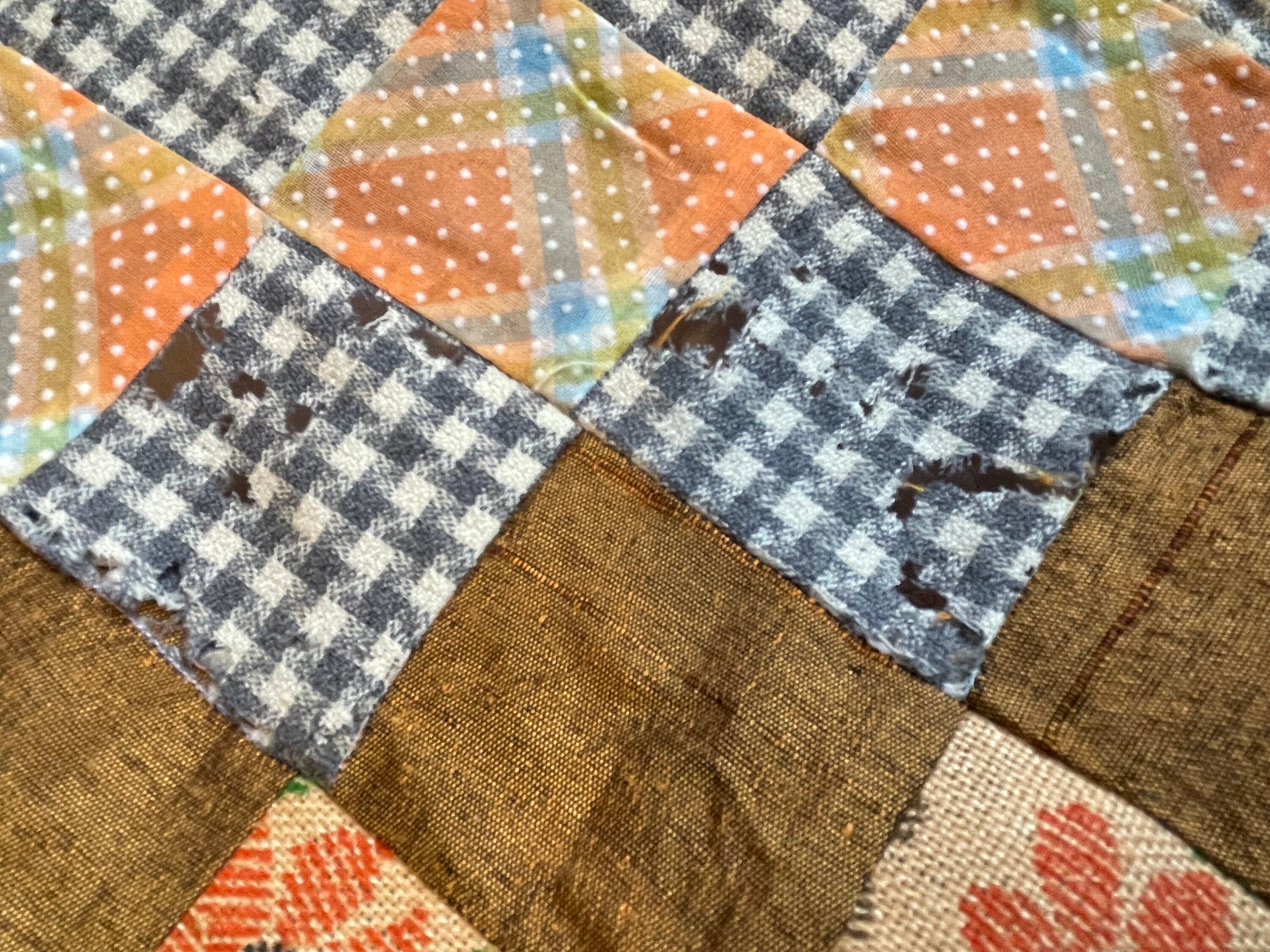 Vintage Trip Around the World Patchwork Quilt Top Mixed Fabrics 1960s