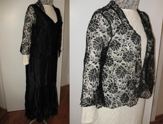 Vintage 1920s Black Satin and Lace Long Dress Fla… - image 1