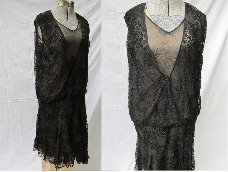 Sale Vintage 1920s FLAPPER DRESS Black Lace Dress Drop Waist Asymmetrical Skirt
