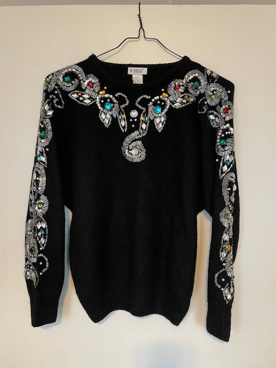 Vintage 1980s De Rotchild Beaded Sequin Black Swea