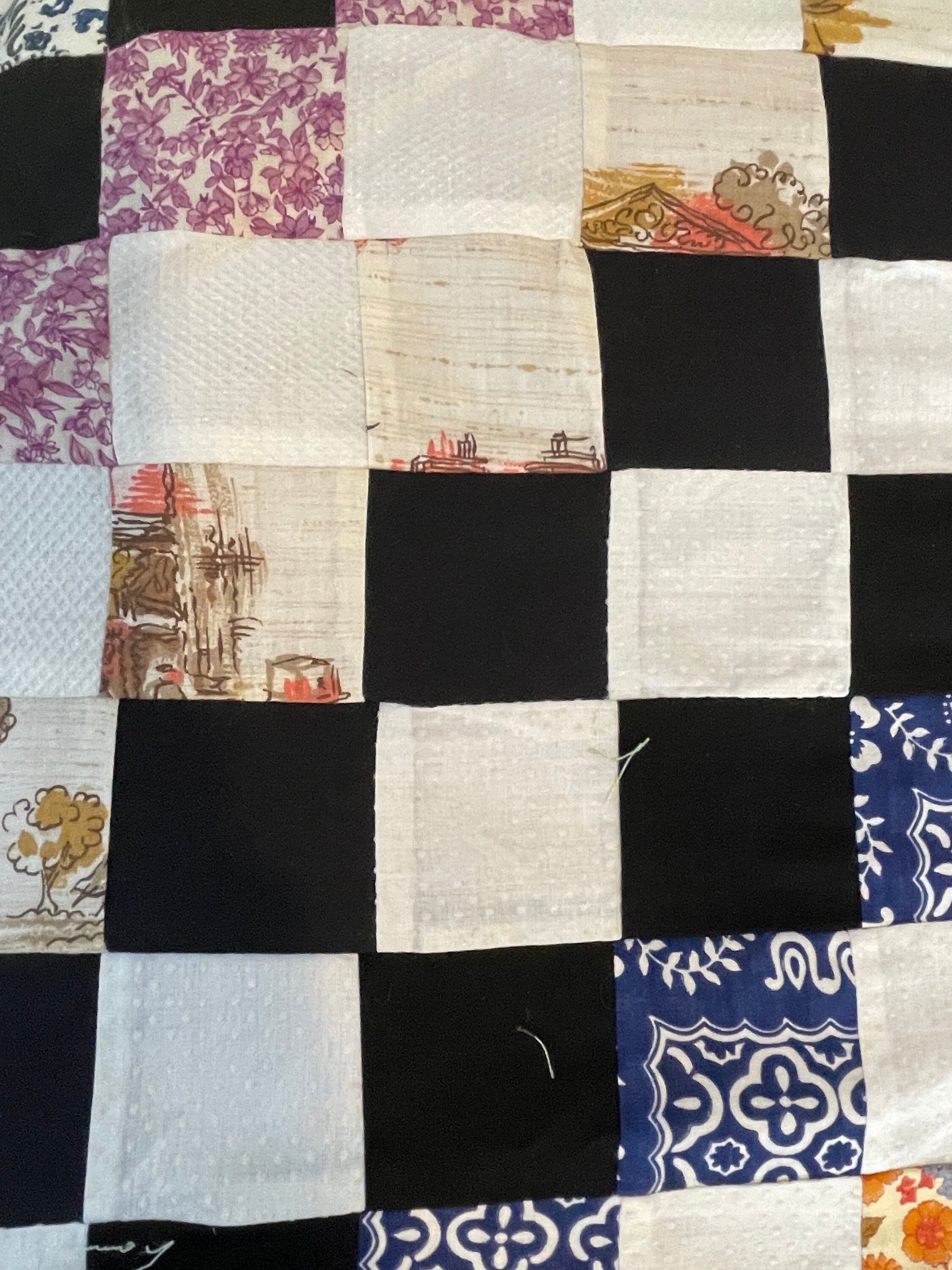 Vintage Trip Around the World Patchwork Quilt Top Mixed Fabrics 1960s