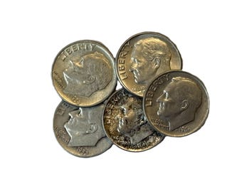 90% Silver Roosevelt Dimes, US Junk Silver Coins - Lot of 5