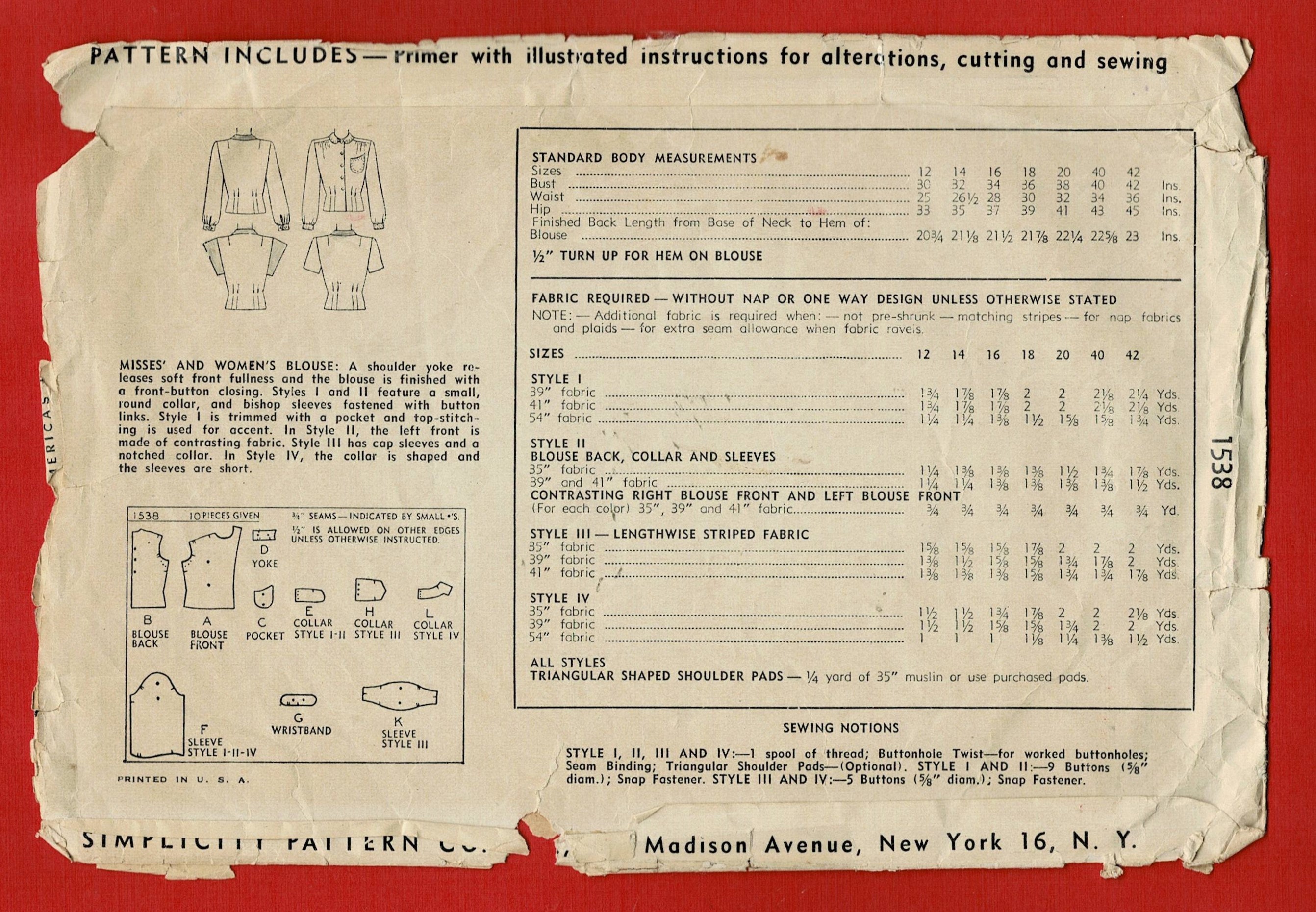 Simplicity 1538 Vintage 1940s Blouse Sewing Pattern Bust 34 Bishop ...