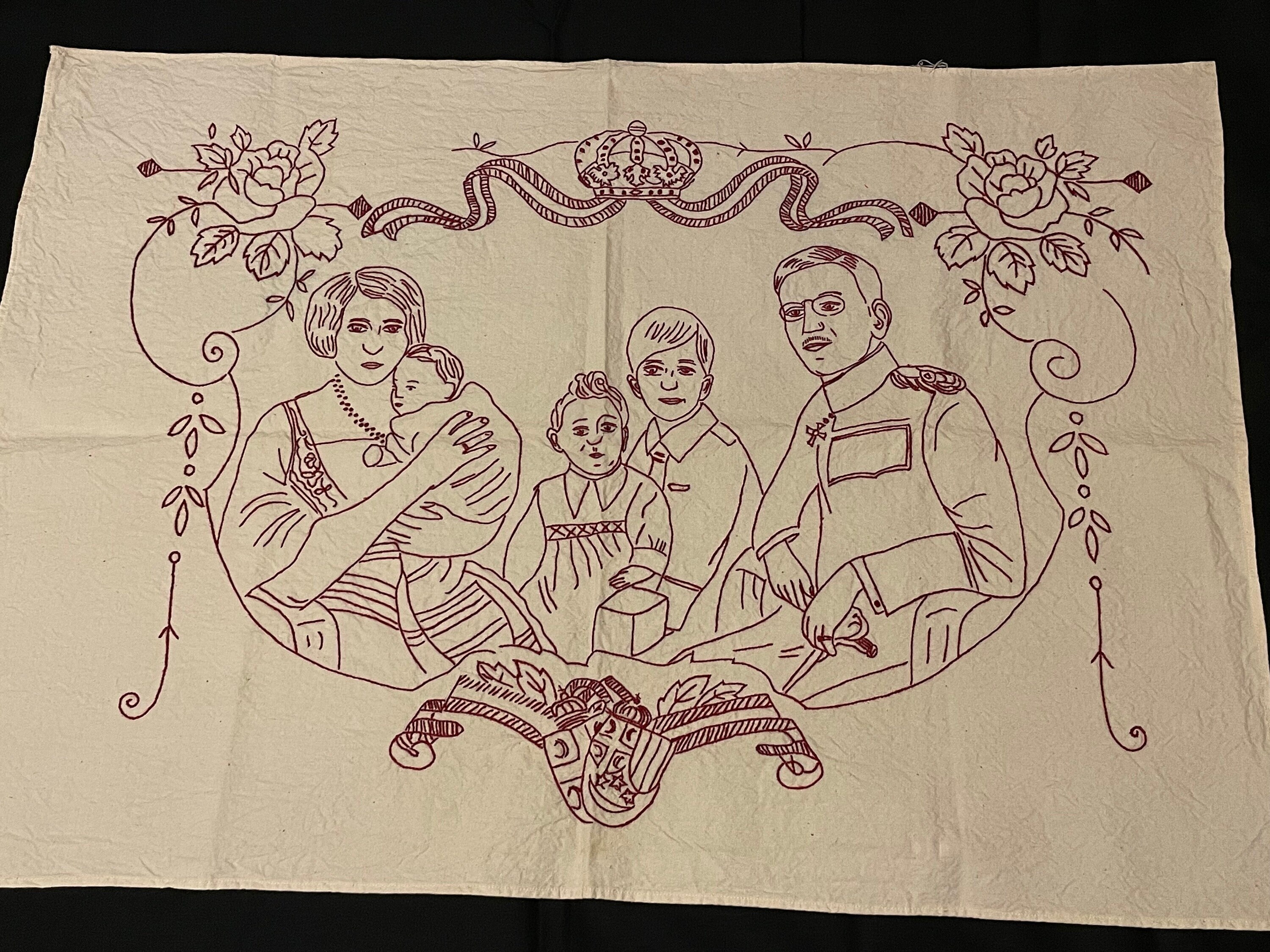 Antique Redwork Embroidery Panel Family Roses Crown World War I Austro ...