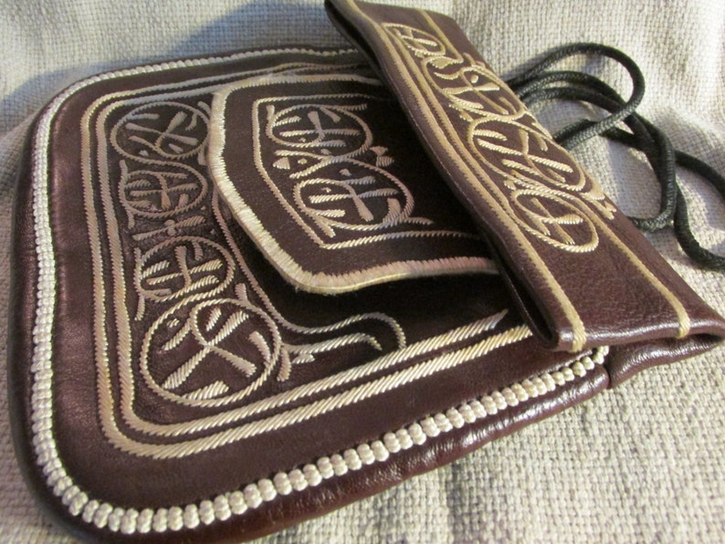 Vintage Moroccan Embroidered Leather Messenger Bag Purse Handbag Morocco