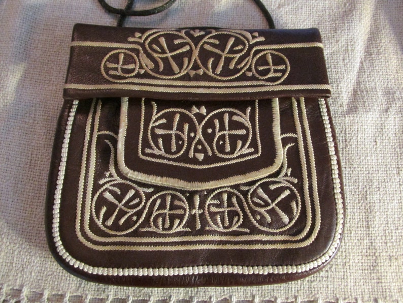 Vintage Moroccan Embroidered Leather Messenger Bag Purse Handbag Morocco