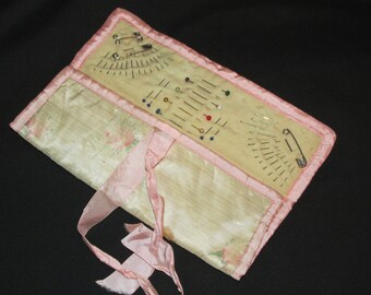 Antique Pin Case Sewing Case Pink Silk Needle Case with Vintage Multi-Color Glass Head Pins