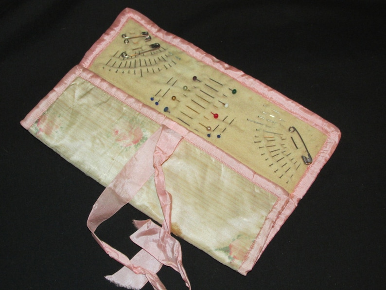 Antique Pin Case Sewing Case Pink Silk Needle Case With Vintage Multi
