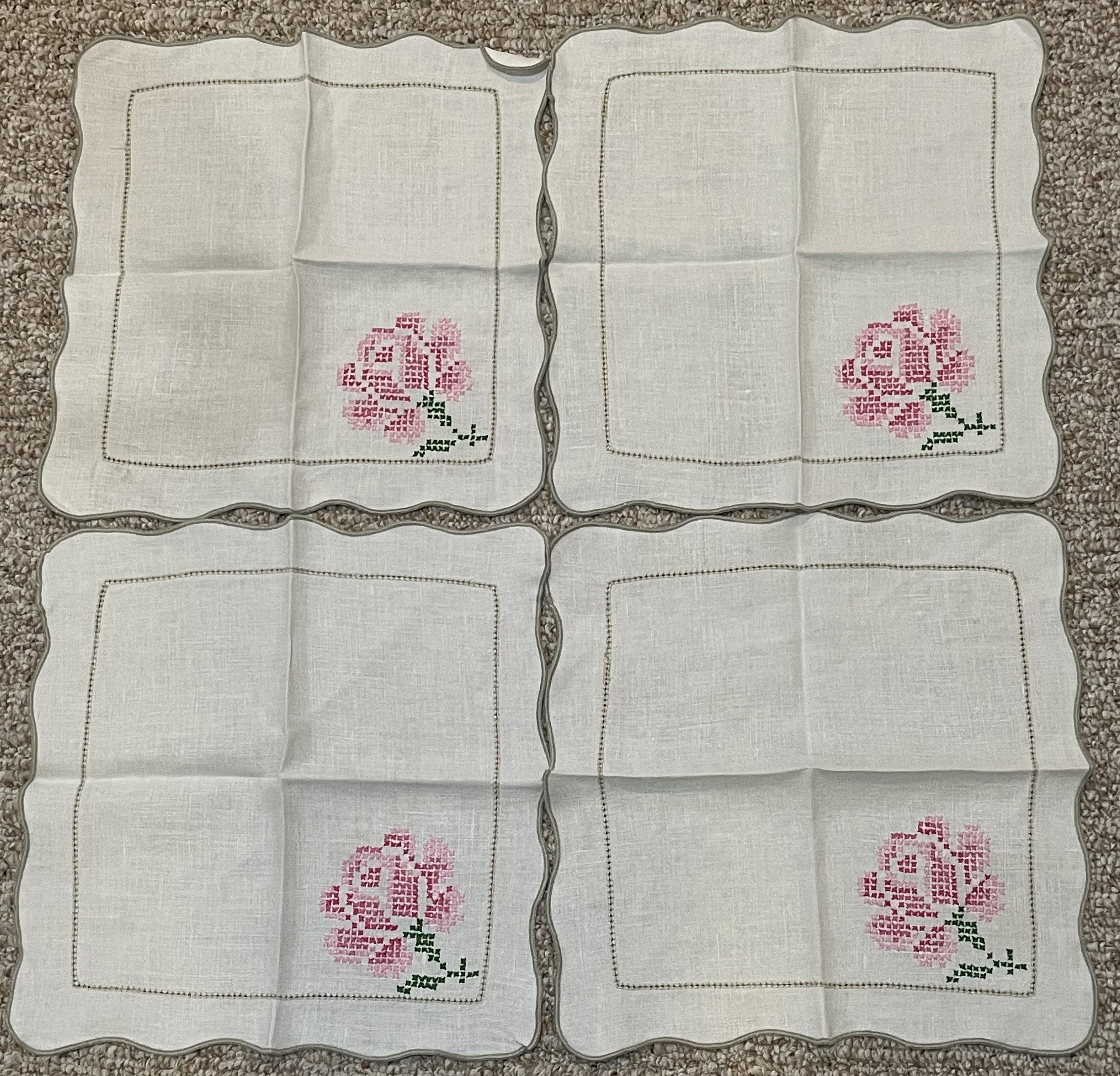 Vintage Hand Embroidered Pink ROSES Cross Stitch Linen Tablecloth and 4 ...