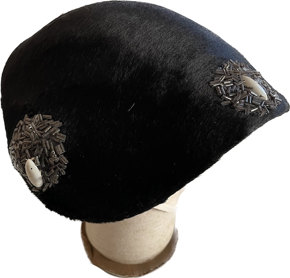 Vintage 1950s Juliet Hat Beaded Capulet Black Bea… - image 1