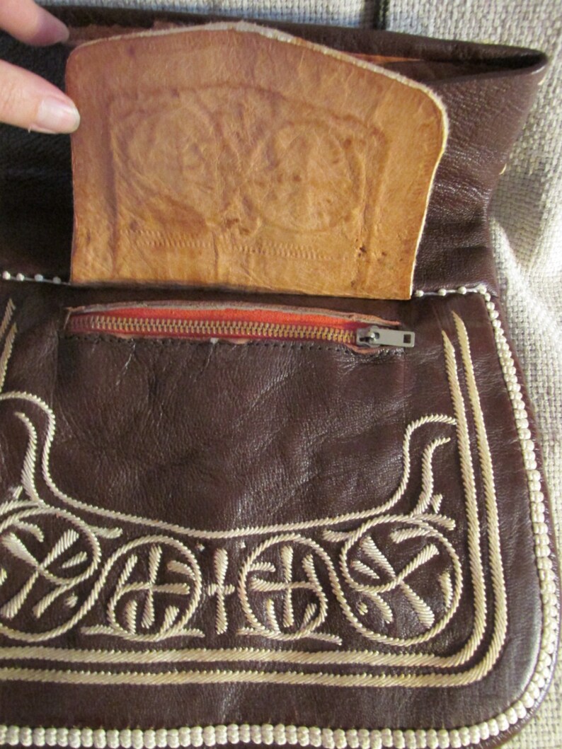 Vintage Moroccan Embroidered Leather Messenger Bag Purse Handbag Morocco