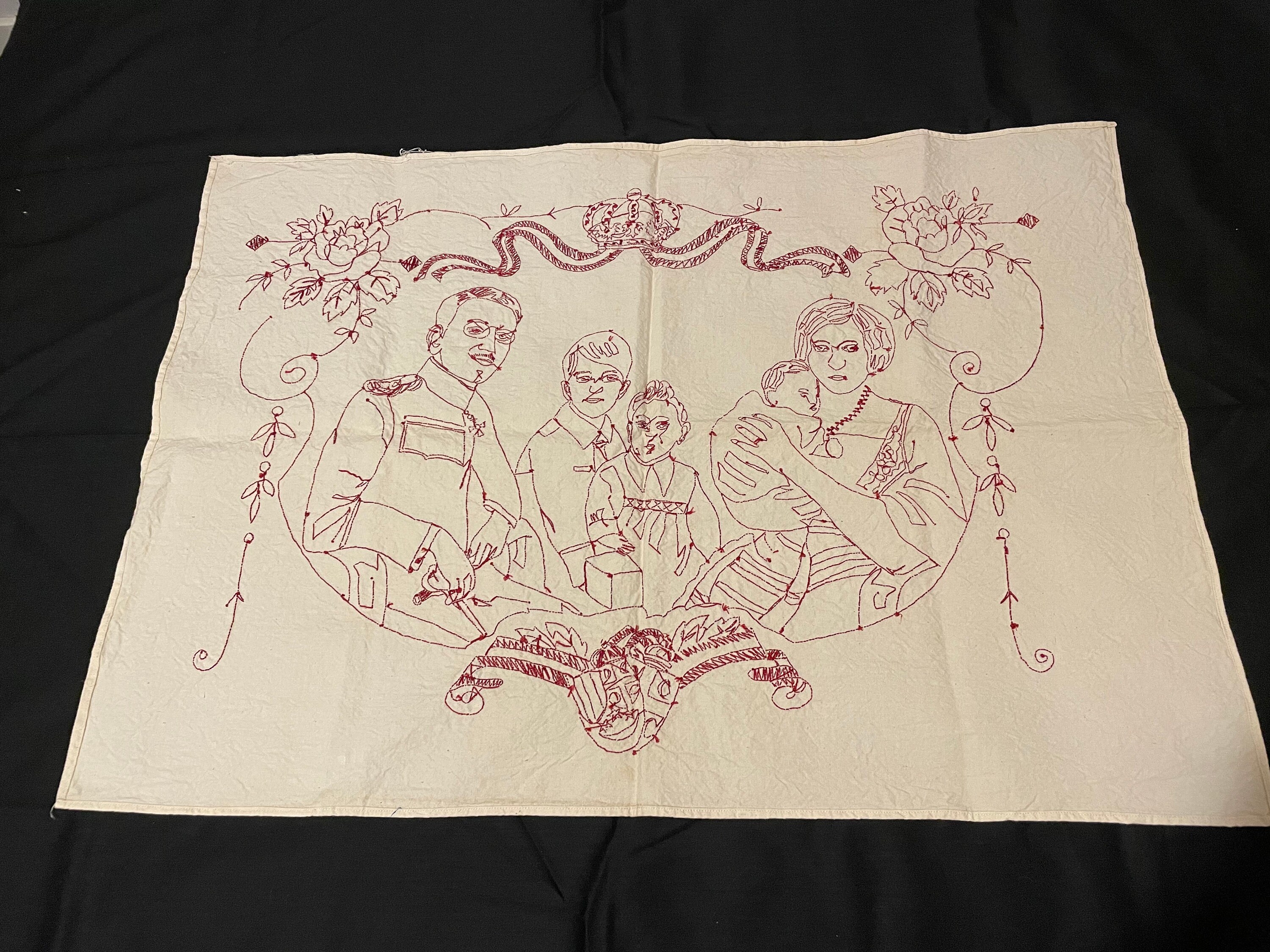 Antique Redwork Embroidery Panel Family Roses Crown World War I Austro ...