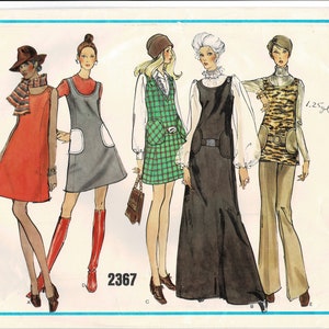 May include: A vintage sewing pattern for five different dress styles. The pattern is for Vogue's Basic Design and is numbered 2367. The dresses are shown in various colors and patterns, including red, green, black, and brown.