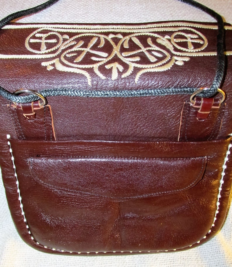 Vintage Moroccan Embroidered Leather Messenger Bag Purse Handbag Morocco