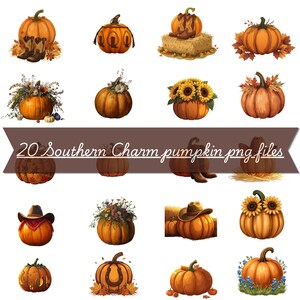 Könnte beinhalten: Eine Sammlung von 20 digitalen Illustrationen mit orangefarbenen Kürbissen, verziert mit Cowboystiefeln, Hüten, Sonnenblumen, Wildblumen, Heuballen und Hufeisen. Das braune Banner in der Mitte zeigt den Text 20 Southern Charm pumpkin png files.